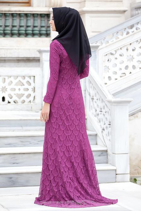 New Kenza - Dantel Detaylı Mürdüm Balık Elbise - 4