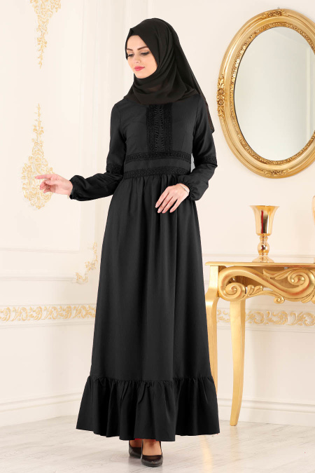 New Kenza - Dantel Detaylı Siyah Tesettür Elbise 3159S