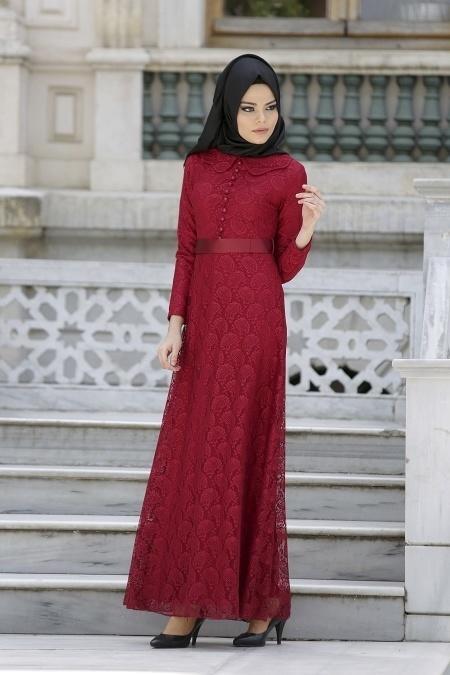New Kenza - Dantelli Bordo Tesettür Elbise 30000BR - 2