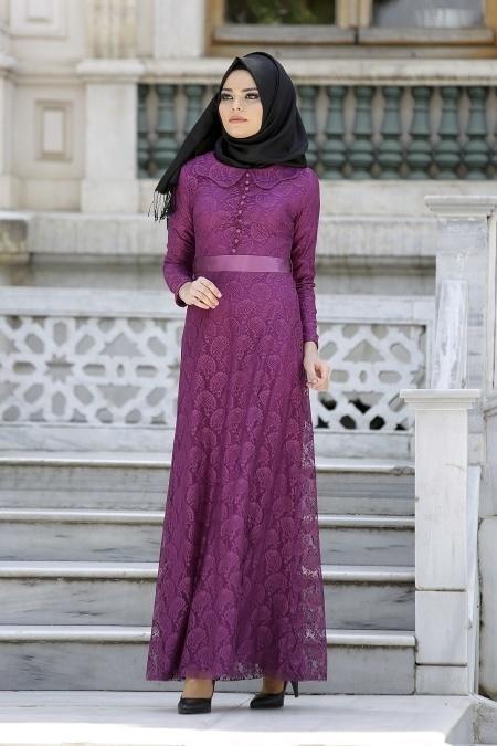 New Kenza - Dantelli Mürdüm Tesettür Elbise 30000MU - 2