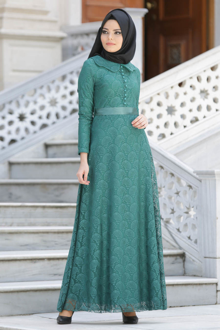 New Kenza - Dantelli Yeşil Tesettür Elbise 30000Y
