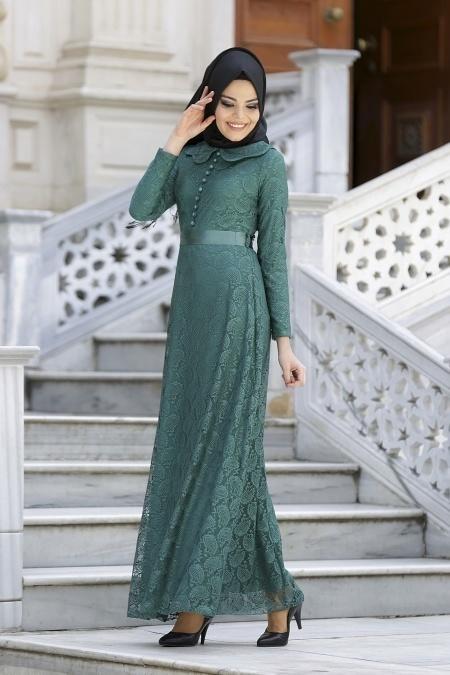 New Kenza - Dantelli Yeşil Tesettür Elbise 30000Y - 2