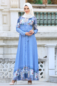 New Kenza - Desenli Mavi Tesettür Elbise 30840M - Thumbnail