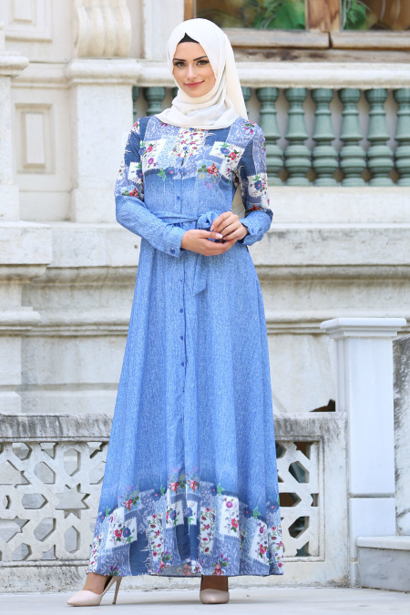New Kenza - Desenli Mavi Tesettür Elbise 30840M