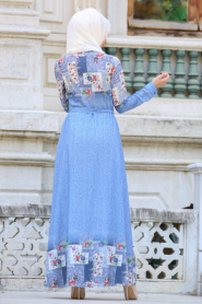 New Kenza - Desenli Mavi Tesettür Elbise 30840M - Thumbnail