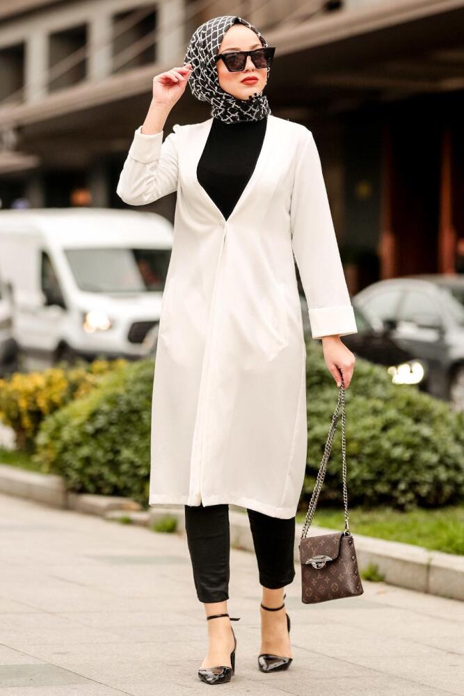 New Kenza - Düğmeli Beyaz Tesettür Kap 4977B - NEW KENZA