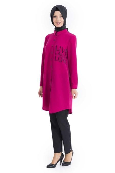 New Kenza - Düğmeli Fuşya Tunik - 2