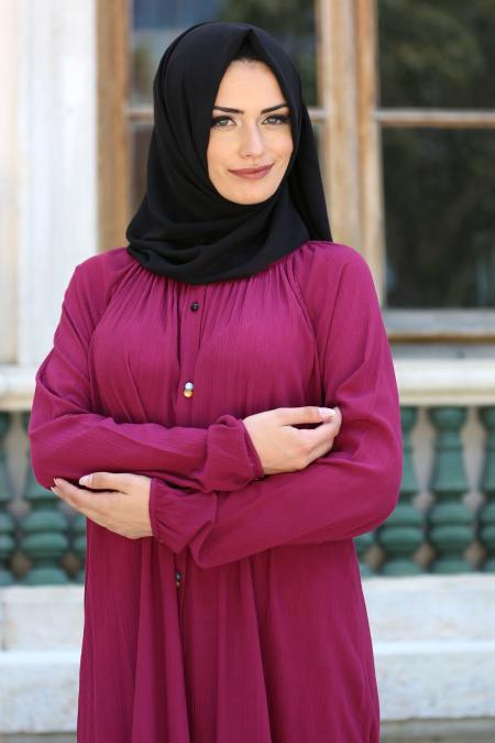 New Kenza - Düğmeli Mürdüm Tesettür Elbise 3992MU - 2
