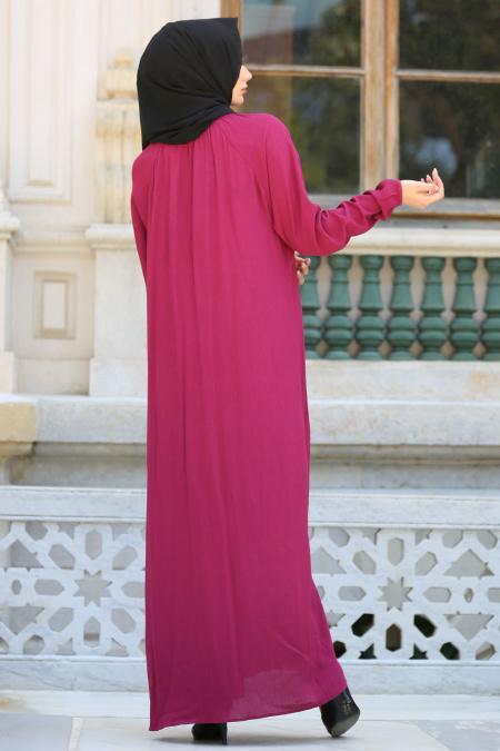 New Kenza - Düğmeli Mürdüm Tesettür Elbise 3992MU - 3