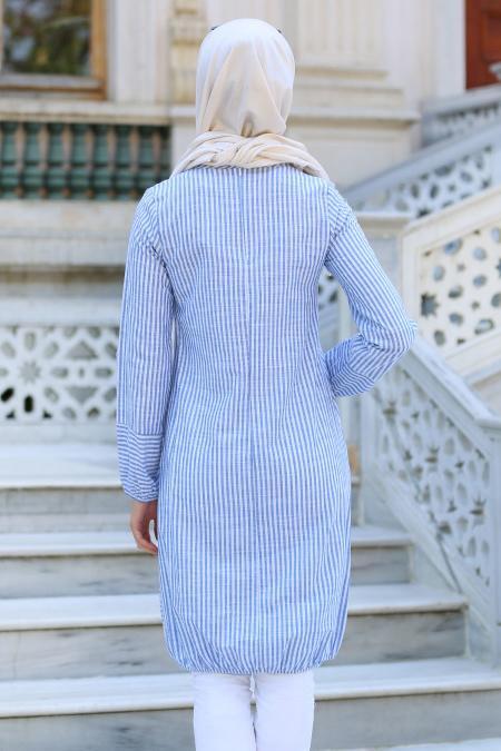 New Kenza - Etek Ucu Lastikli Saks Mavisi Tesettür Tunik 2937-01SX - 3