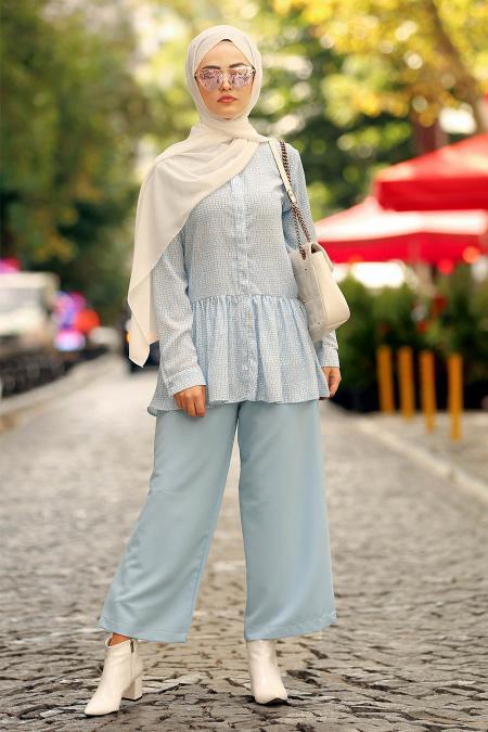 New Kenza - Fırfırlı Gömlek& Pantolon İkili Bebek Mavisi Tesettür Takım 51201BM - 1