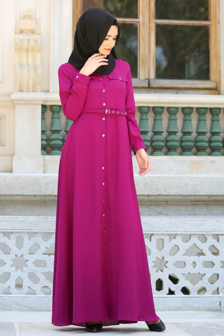 New Kenza - Kemerli Fuşya Tesettür Elbise 3071F