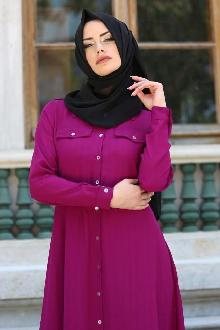 New Kenza - Kemerli Fuşya Tesettür Elbise 3071F - 2