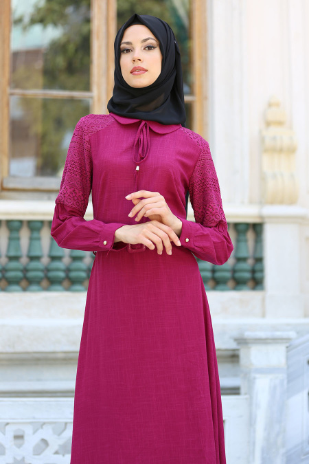 New Kenza - Kemerli Fuşya Tesettür Elbise 3082F