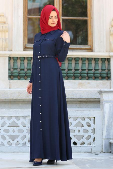 New Kenza - Kemerli Lacivert Tesettür Elbise 3071L - 2