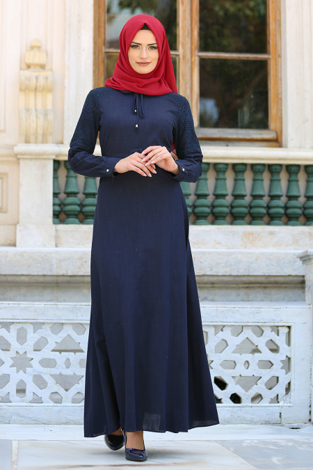 New Kenza - Kemerli Lacivert Tesettür Elbise 3082L