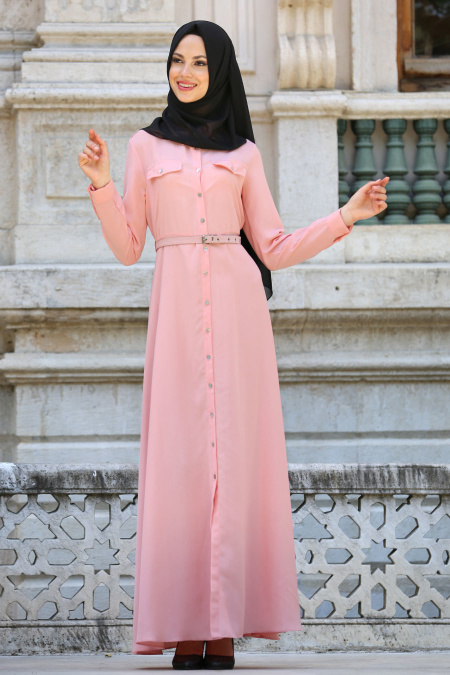 New Kenza - Kemerli Pudra Tesettür Elbise 3071PD