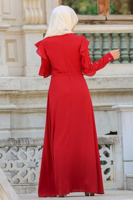 New Kenza - Kolları Boncuklu Bordo Tesettür Elbise 3077BR - 3