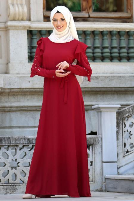 New Kenza - Kolları Boncuklu Bordo Tesettür Elbise 3077BR - 2