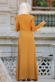 New Kenza - Kolları Boncuklu Hardal Tesettür Elbise 3077HR - Thumbnail