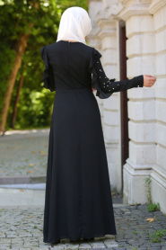 New Kenza - Kolları Boncuklu Siyah Tesettür Elbise 3077S - Thumbnail