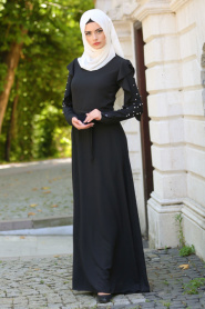 New Kenza - Kolları Boncuklu Siyah Tesettür Elbise 3077S - Thumbnail