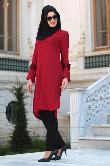 New Kenza - Kolları Çiçek Detaylı Kırmızı Tesettür Tunik 2986K - 2