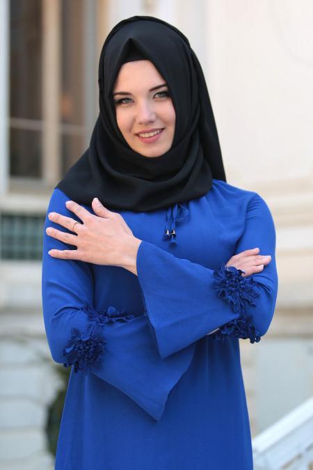 New Kenza - Kolları Çiçek Detaylı Sax Mavisi Tesettür Tunik 2986SX - 2