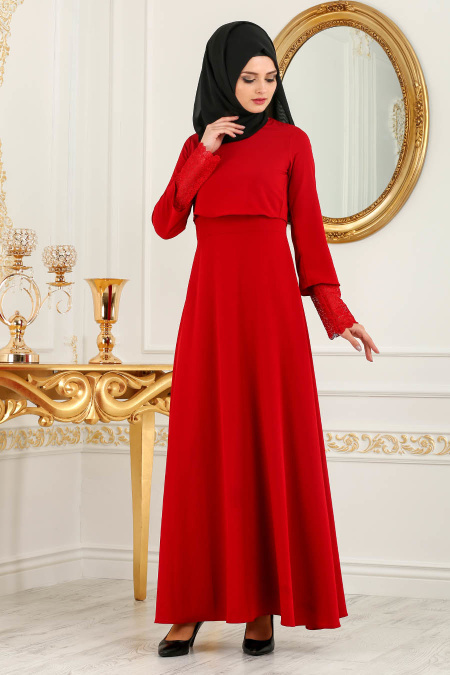 New Kenza - Kolları Dantelli Kırmızı Tesettür Elbise 3083K