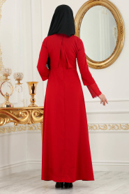 New Kenza - Kolları Dantelli Kırmızı Tesettür Elbise 3083K - Thumbnail