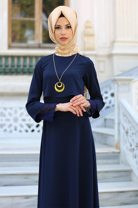 New Kenza - Kolları Dantelli Lacivert Tesettür Elbise 3083L - 2