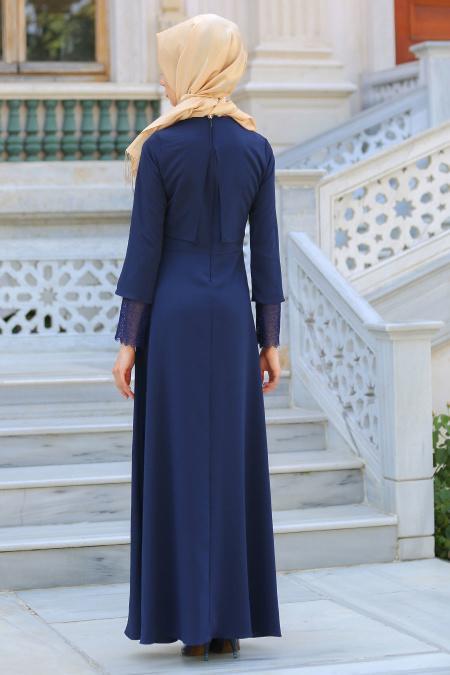 New Kenza - Kolları Dantelli Lacivert Tesettür Elbise 3083L - 3