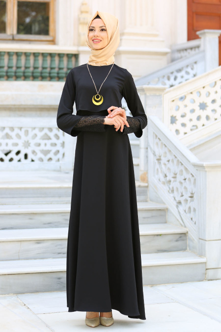 New Kenza - Kolları Dantelli Siyah Tesettür Elbise 3083S