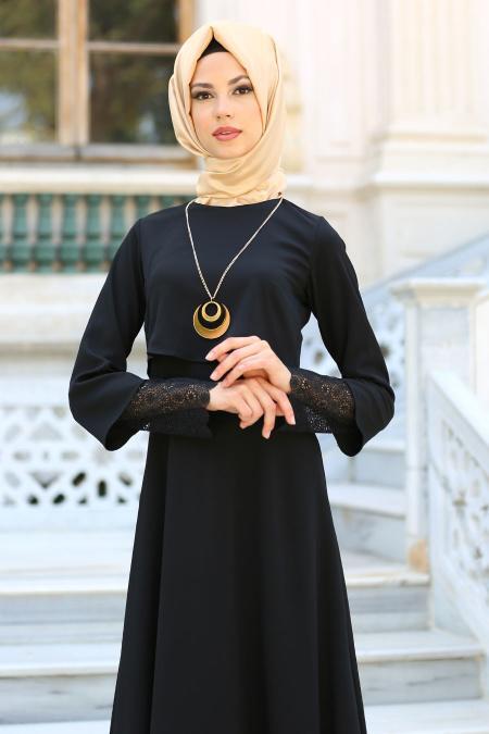 New Kenza - Kolları Dantelli Siyah Tesettür Elbise 3083S - 2