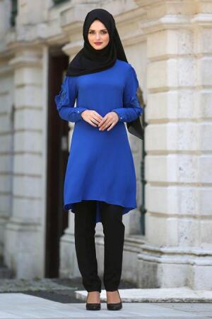 New Kenza - Kolları Detaylı Saks Mavisi Tesettür Tunik 2039SX - 1