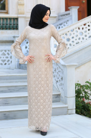 New Kenza - Kolları Fırfırlı Bej Dantel Tesettür Elbise 3070BEJ - Thumbnail