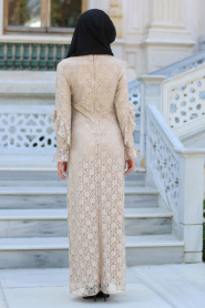 New Kenza - Kolları Fırfırlı Bej Dantel Tesettür Elbise 3070BEJ - Thumbnail