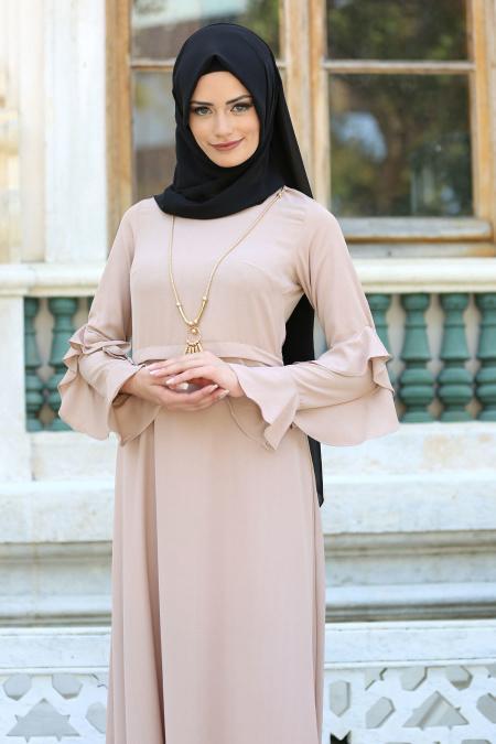 New Kenza - Kolları Fırfırlı Bej Tesettür Elbise 3069BEJ - 2