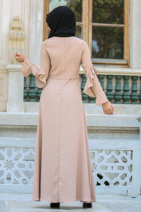 New Kenza - Kolları Fırfırlı Bej Tesettür Elbise 3069BEJ - 3