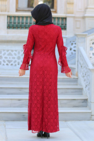 New Kenza - Kolları Fırfırlı Bordo Dantel Tesettür Elbise 3070BR - Thumbnail