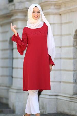 New Kenza - Kolları Fırfırlı Bordo Tesettür Tunik 2044BR - 1