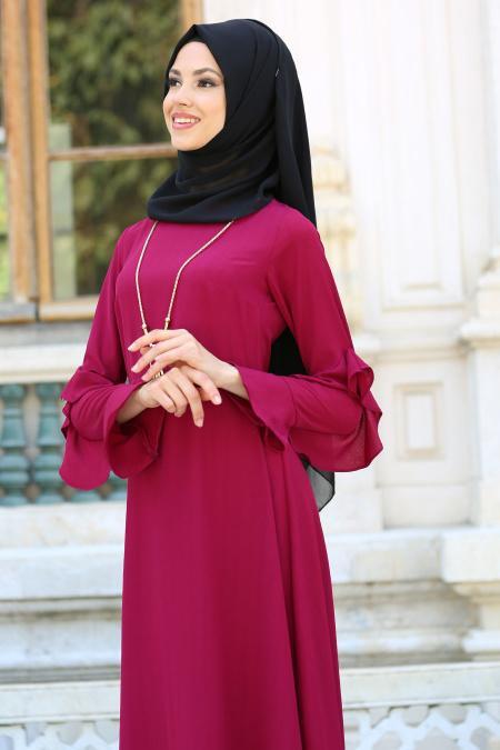 New Kenza - Kolları Fırfırlı Fuşya Tesettür Elbise 3069F - 2