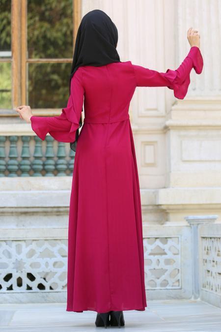 New Kenza - Kolları Fırfırlı Fuşya Tesettür Elbise 3069F - 3