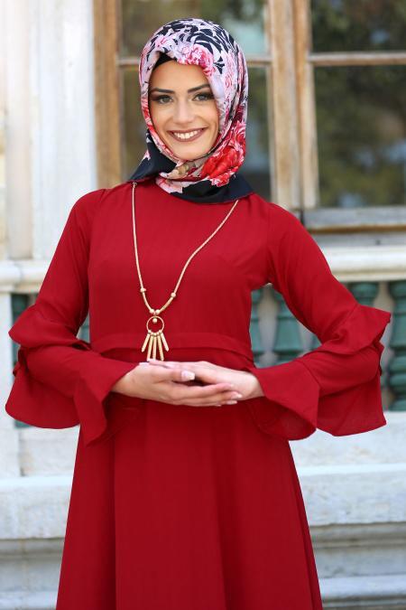 New Kenza - Kolları Fırfırlı Kırmızı Tesettür Elbise 3069K - 2