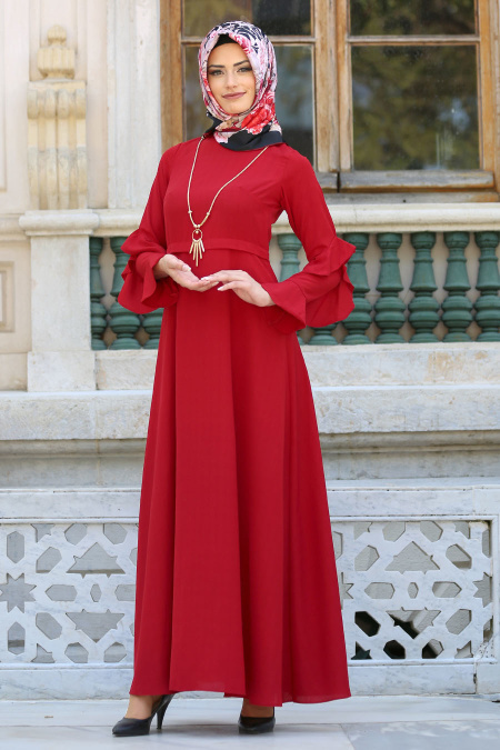 New Kenza - Kolları Fırfırlı Kırmızı Tesettür Elbise 3069K