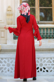 New Kenza - Kolları Fırfırlı Kırmızı Tesettür Elbise 3069K - Thumbnail