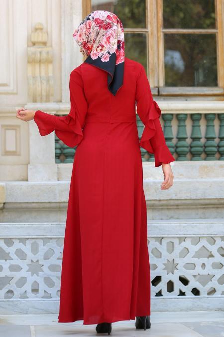 New Kenza - Kolları Fırfırlı Kırmızı Tesettür Elbise 3069K - 3