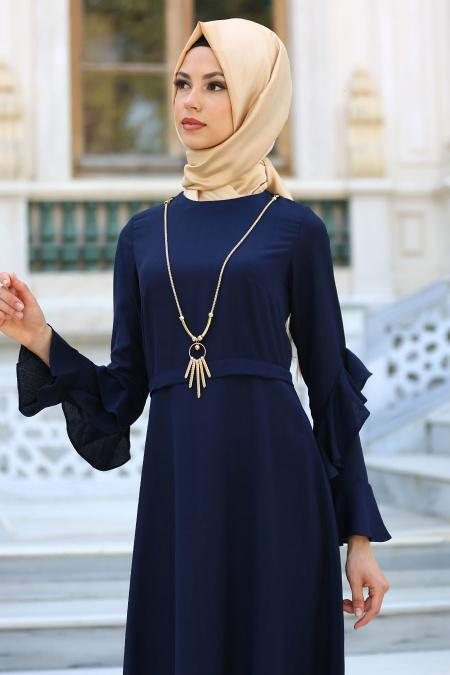 New Kenza - Kolları Fırfırlı Lacivert Tesettür Elbise 3069L - 2