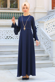 New Kenza - Kolları Fırfırlı Lacivert Tesettür Elbise 3069L - Thumbnail