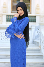 New Kenza - Kolları Fırfırlı Saks Mavisi Dantel Tesettür Elbise 3070SX - Thumbnail